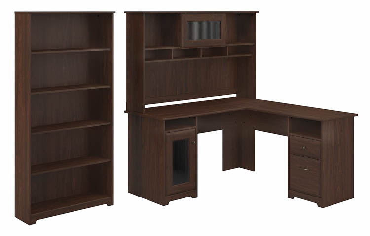 60in W L-Shaped Computer Desk with Hutch and 5 Shelf Bookcase by Bush