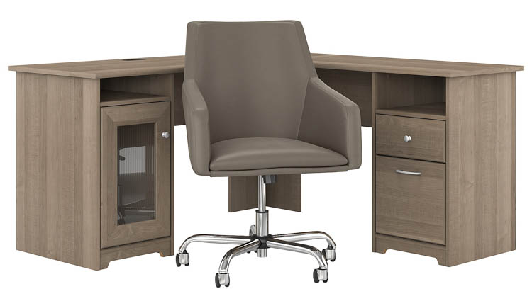 60in W L-Shaped Computer Desk with Mid Back Leather Box Chair by Bush