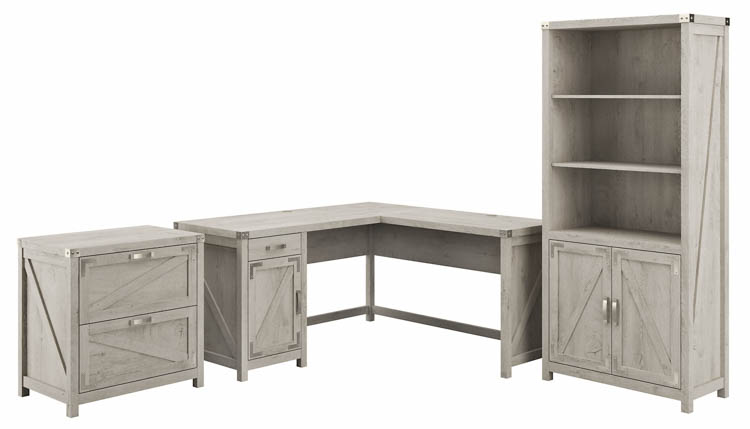 60in W L-Shaped Desk with Lateral File Cabinet and 5 Shelf Bookcase by Bush