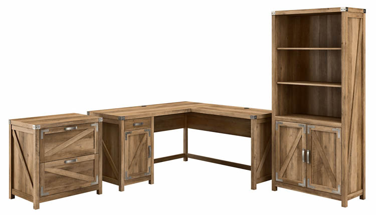60in W L-Shaped Desk with Lateral File Cabinet and 5 Shelf Bookcase by Bush