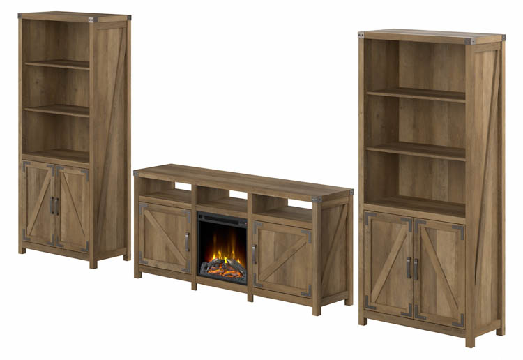 Electric Fireplace TV Stand for 70in TV with (Set of 2) 5 Shelf Bookcases with Doors by Bush