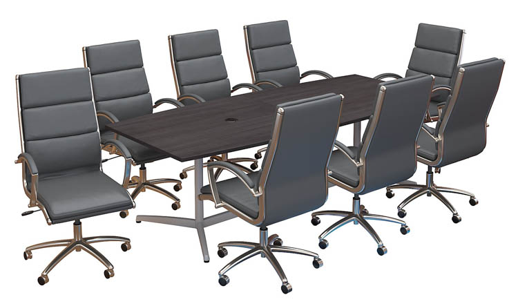 8ft W x 42in D Boat Shaped Conference Table with Metal Base and Set of 8 High Back Office Chairs by Bush