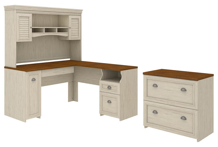 60in W L-Shaped Desk with Hutch and Lateral File Cabinet by Bush