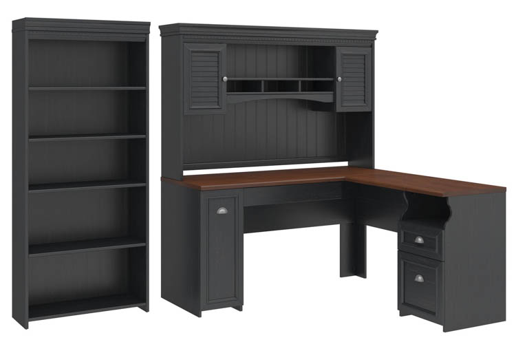 60in W L-Shaped Desk with Hutch and 5 Shelf Bookcase by Bush
