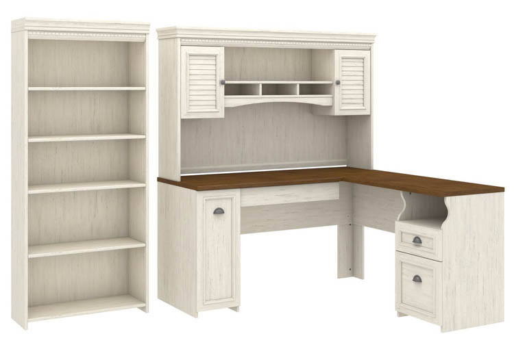 60in W L-Shaped Desk with Hutch and 5 Shelf Bookcase by Bush