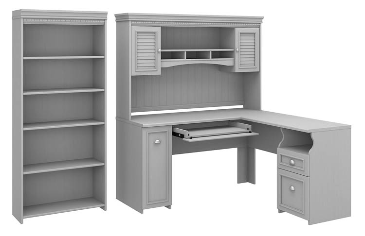 60in W L-Shaped Desk with Hutch and 5 Shelf Bookcase by Bush