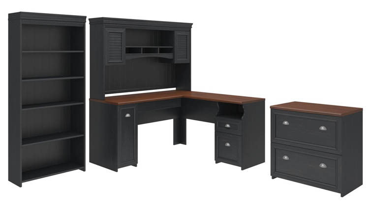60in W L-Shaped Desk with Hutch, Lateral File Cabinet and 5 Shelf Bookcase by Bush