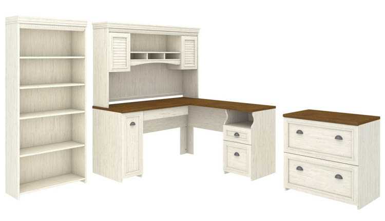 60in W L-Shaped Desk with Hutch, Lateral File Cabinet and 5 Shelf Bookcase by Bush