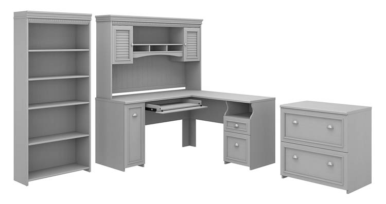 60in W L-Shaped Desk with Hutch, Lateral File Cabinet and 5 Shelf Bookcase by Bush
