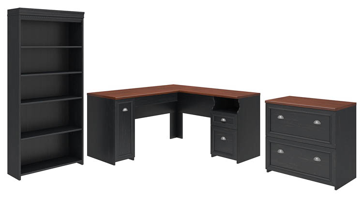 60in W L-Shaped Desk with Lateral File Cabinet and 5 Shelf Bookcase by Bush