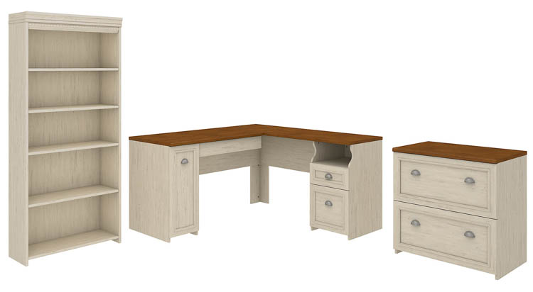 60in W L-Shaped Desk with Lateral File Cabinet and 5 Shelf Bookcase by Bush