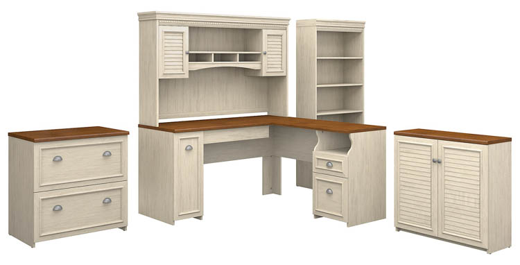 60in W L-Shaped Desk with Hutch, Lateral File Cabinet, Bookcase and Storage Cabinet by Bush