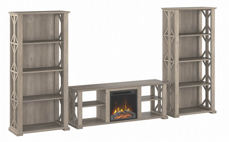 Farmhouse TV Stand for 70in TV with Fireplace Insert and 4 Shelf Bookcases (Set of 2) by Bush