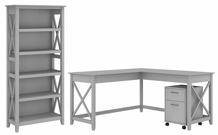 60in W L-Shaped Desk with Mobile File Cabinet and 5 Shelf Bookcase by Bush