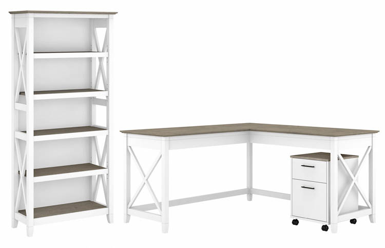 60in W L-Shaped Desk with Mobile File Cabinet and 5 Shelf Bookcase by Bush