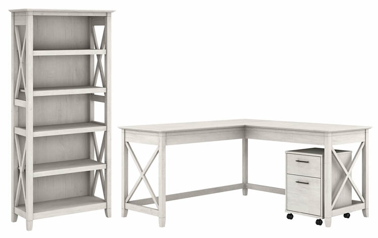 60in W L-Shaped Desk with Mobile File Cabinet and 5 Shelf Bookcase by Bush