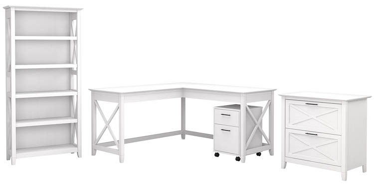 60in W L-Shaped Desk with File Cabinets and 5 Shelf Bookcase by Bush