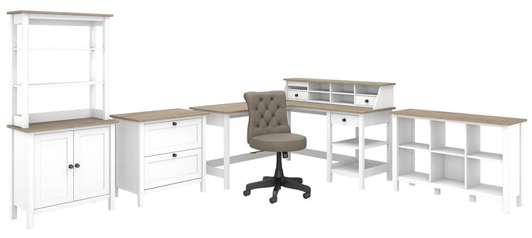 60in W L Shaped Computer Desk with Desktop Organizer, Leather Chair. Lateral Cabinet, Storage Cabinet with Hutch and 6 Cube Bookcase by Bush