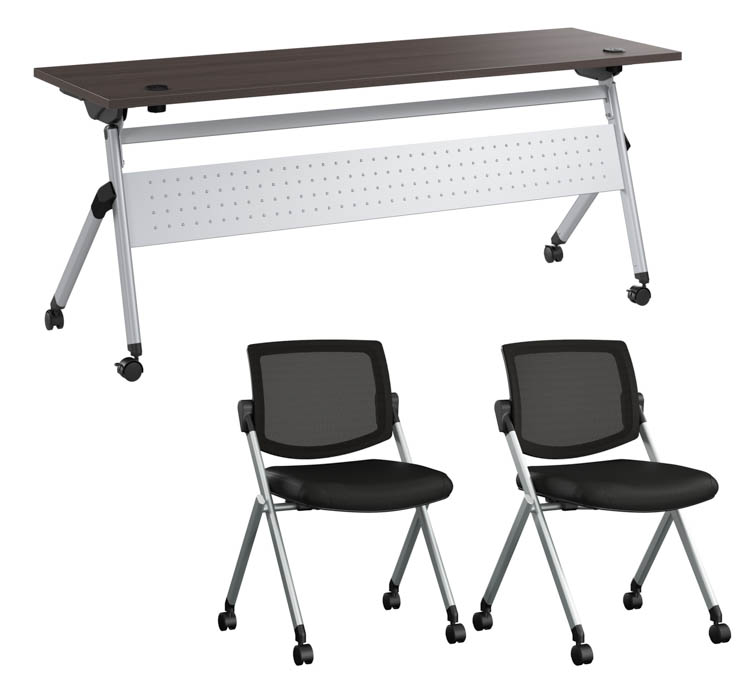 72in W Nesting Training Table with Powered Grommets and 2 Chairs by Bush