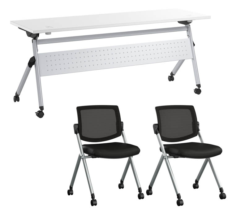 72in W Nesting Training Table with Powered Grommets and 2 Chairs by Bush