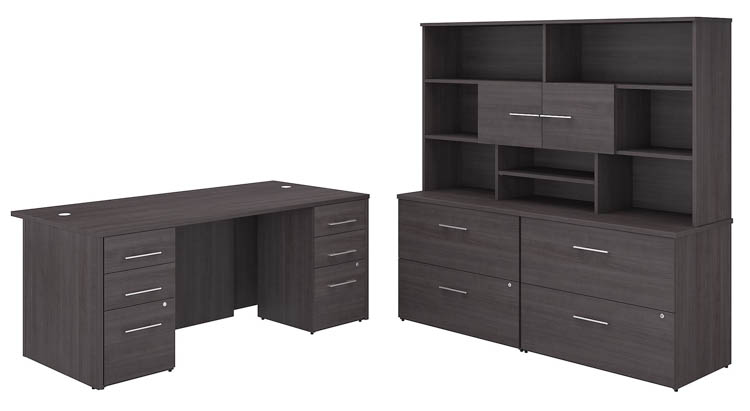 72in W x 36in D Executive Desk with 2 -3 Drawer Vertical File Cabinets - Assembled, 2 - 2 Drawer Lateral File Cabinets - Assembled, and Hutch by Bush