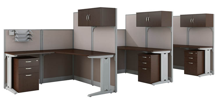 3 Person L-Shaped Cubicle Desks with Storage, Drawers, and Organizers by Bush