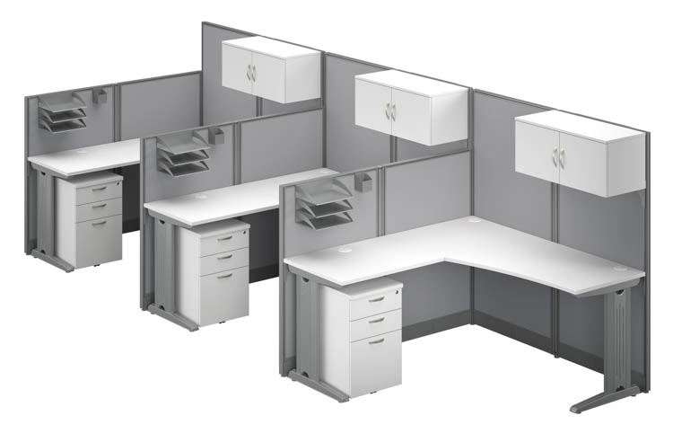 3 Person L-Shaped Cubicle Desks with Storage, Drawers, and Organizers by Bush
