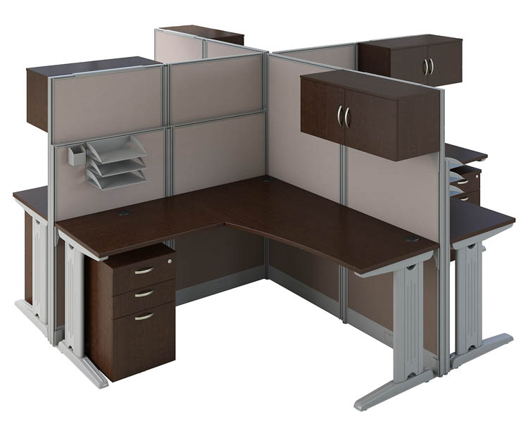 4 Person L-Shaped Cubicle Desks with Storage, Drawers, and Organizers by Bush