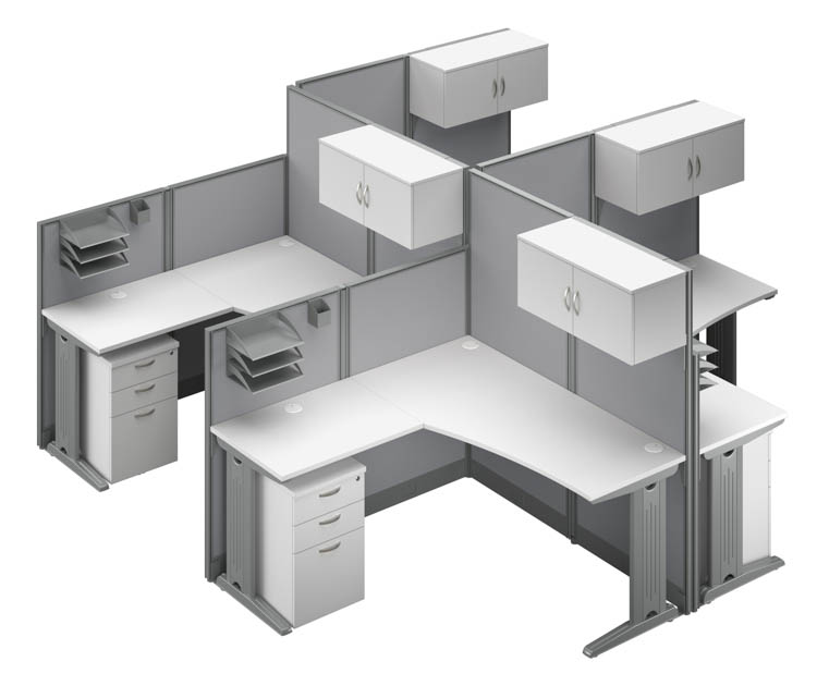 4 Person L-Shaped Cubicle Desks with Storage, Drawers, and Organizers by Bush