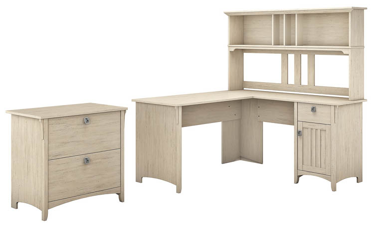 60in W L Shaped Desk with Hutch and Lateral File Cabinet by Bush