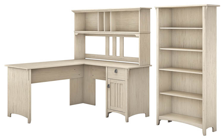 60in W L Shaped Desk with Hutch and 5 Shelf Bookcase by Bush