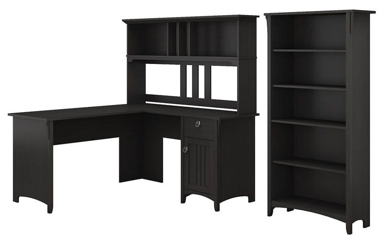 60in W L Shaped Desk with Hutch and 5 Shelf Bookcase by Bush