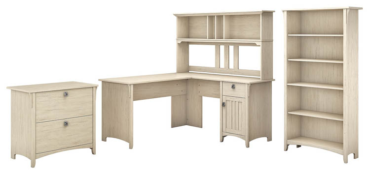 60in W L-Shaped Desk with Hutch, Lateral File Cabinet and 5 Shelf Bookcase by Bush