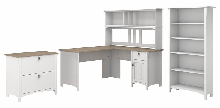 60in W L-Shaped Desk with Hutch, Lateral File Cabinet and 5 Shelf Bookcase by Bush