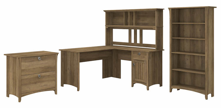 60in W L-Shaped Desk with Hutch, Lateral File Cabinet and 5 Shelf Bookcase by Bush