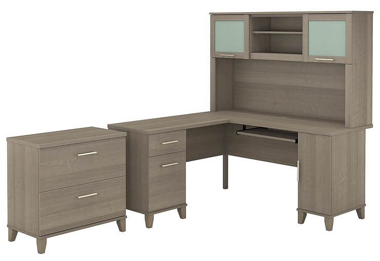 60in W L-Shaped Desk with Hutch and Lateral File Cabinet by Bush
