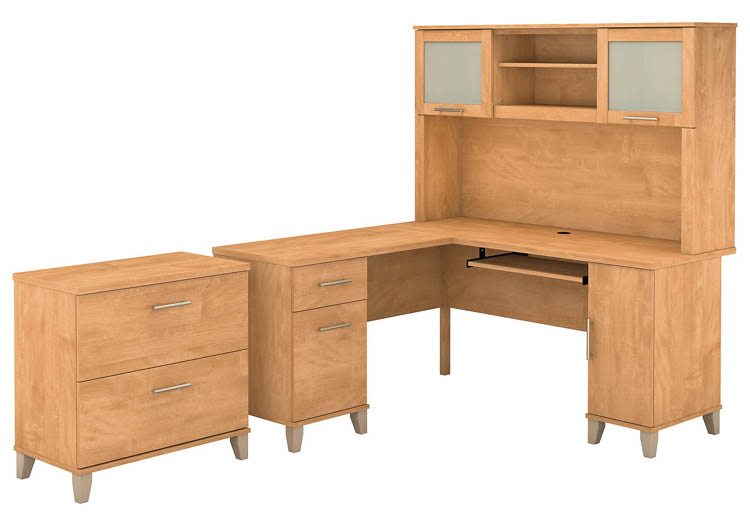 60in W L-Shaped Desk with Hutch and Lateral File Cabinet by Bush