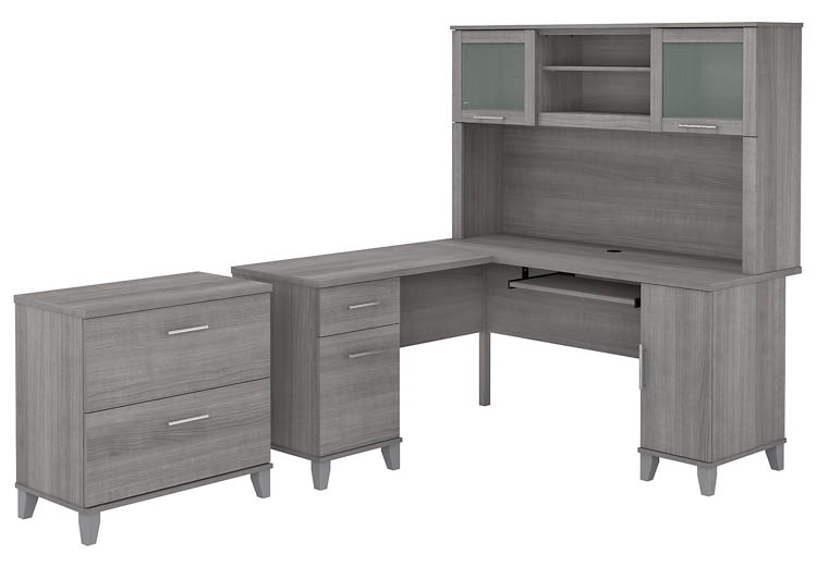 60in W L-Shaped Desk with Hutch and Lateral File Cabinet by Bush