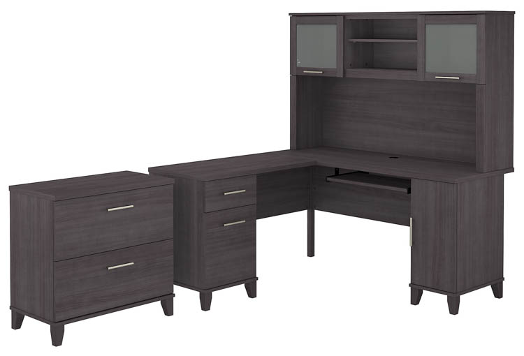 60in W L-Shaped Desk with Hutch and Lateral File Cabinet by Bush