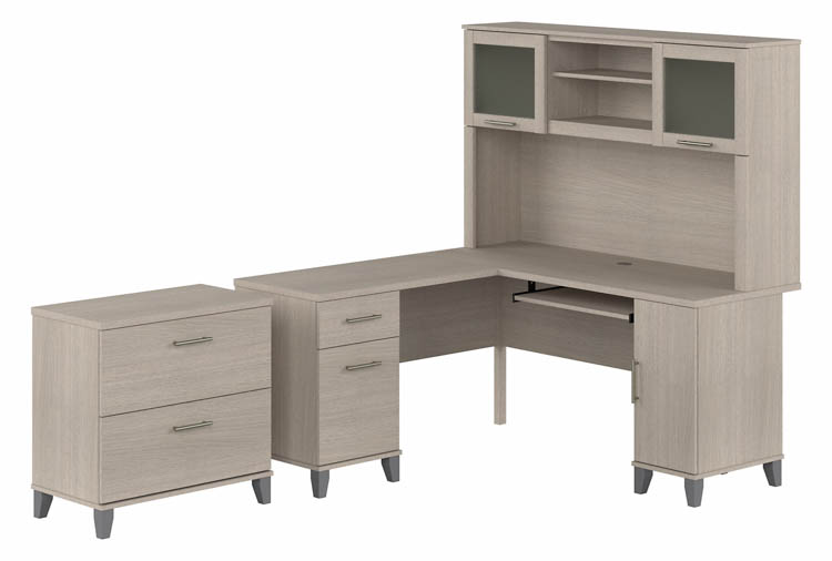 60in W L-Shaped Desk with Hutch and Lateral File Cabinet by Bush