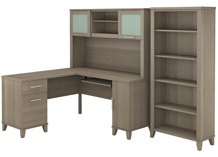 60in W L-Shaped Desk with Hutch and 5 Shelf Bookcase by Bush
