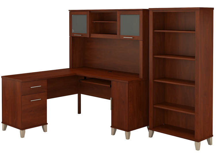 60in W L-Shaped Desk with Hutch and 5 Shelf Bookcase by Bush