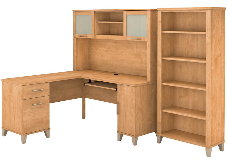 60in W L-Shaped Desk with Hutch and 5 Shelf Bookcase by Bush