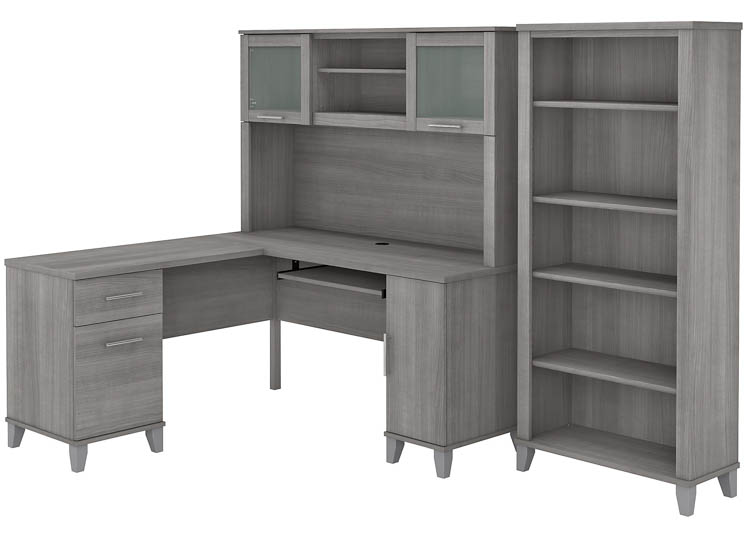 60in W L-Shaped Desk with Hutch and 5 Shelf Bookcase by Bush