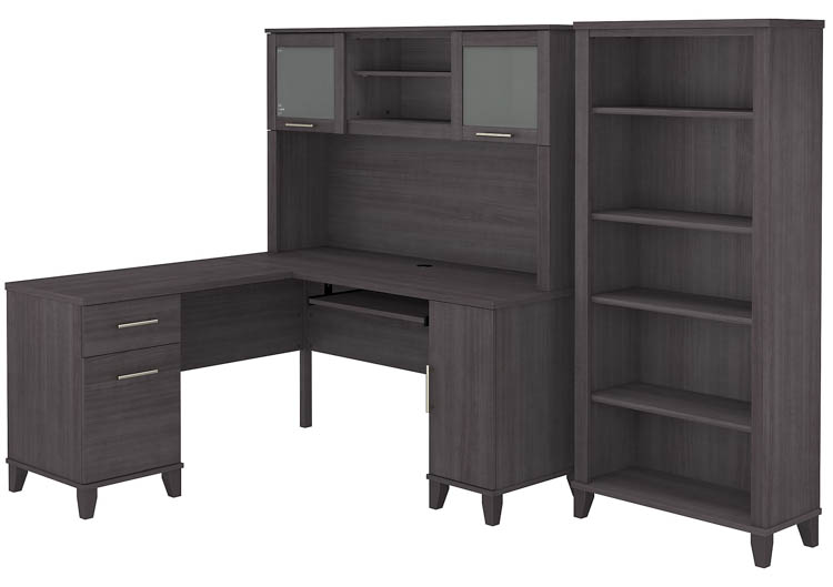 60in W L-Shaped Desk with Hutch and 5 Shelf Bookcase by Bush