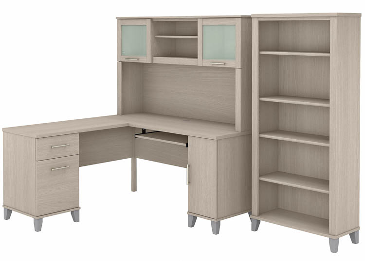 60in W L-Shaped Desk with Hutch and 5 Shelf Bookcase by Bush