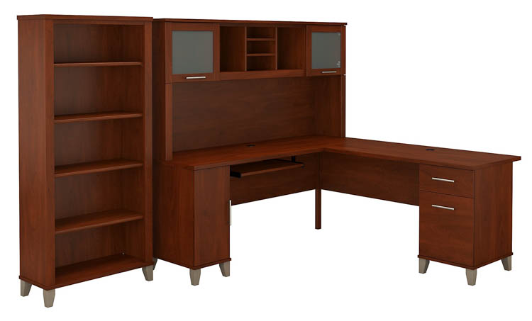72in W L-Shaped Desk with Hutch and 5 Shelf Bookcase by Bush