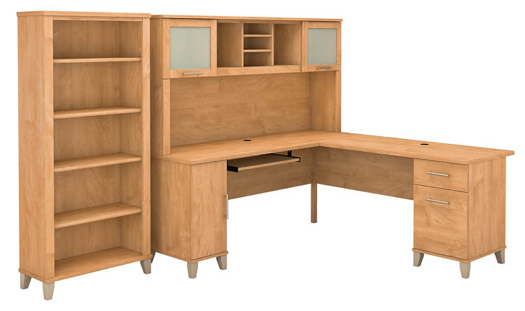 72in W L-Shaped Desk with Hutch and 5 Shelf Bookcase by Bush