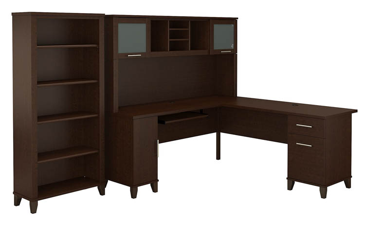 72in W L Shaped Desk with Hutch and 5 Shelf Bookcase by Bush