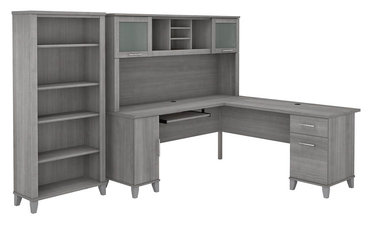 72in W L-Shaped Desk with Hutch and 5 Shelf Bookcase by Bush